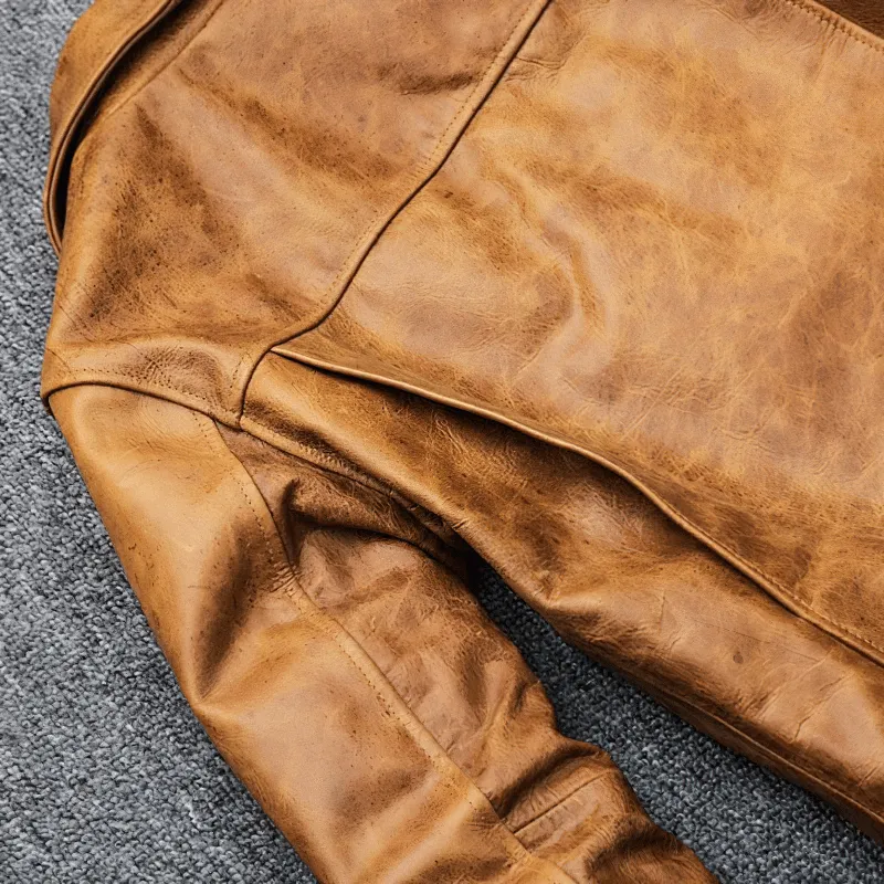 US SALE of Men's Genuine Leather Motorcycle Jacket / Camel Jackets with Thick Turn Collar