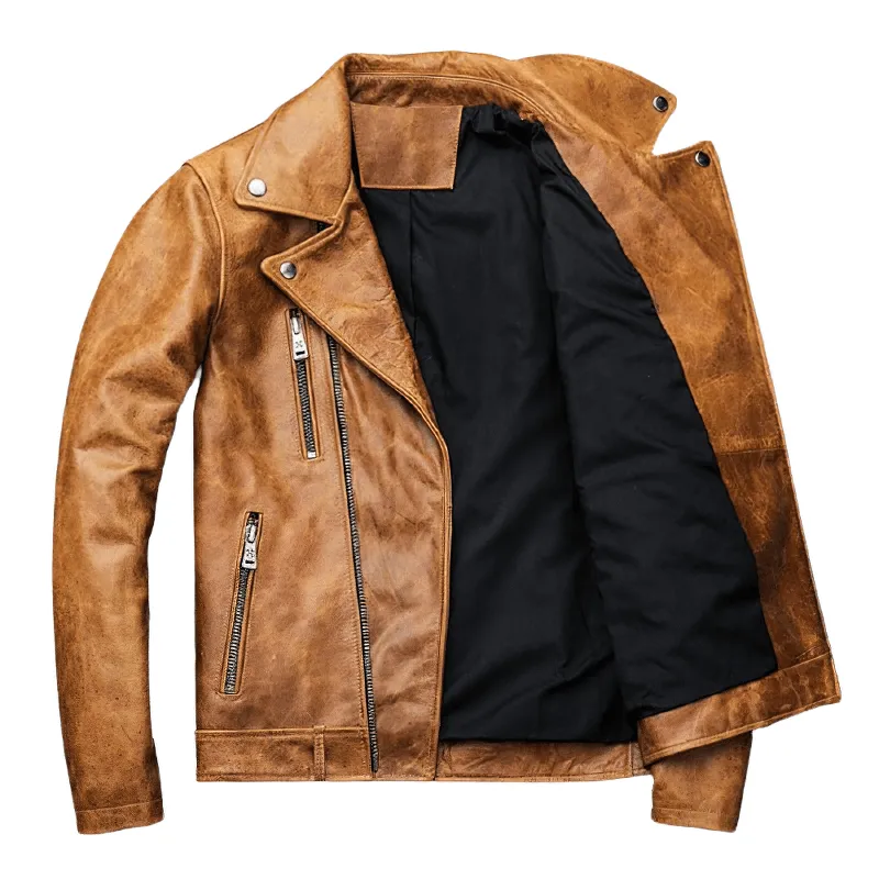 US SALE of Men's Genuine Leather Motorcycle Jacket / Camel Jackets with Thick Turn Collar