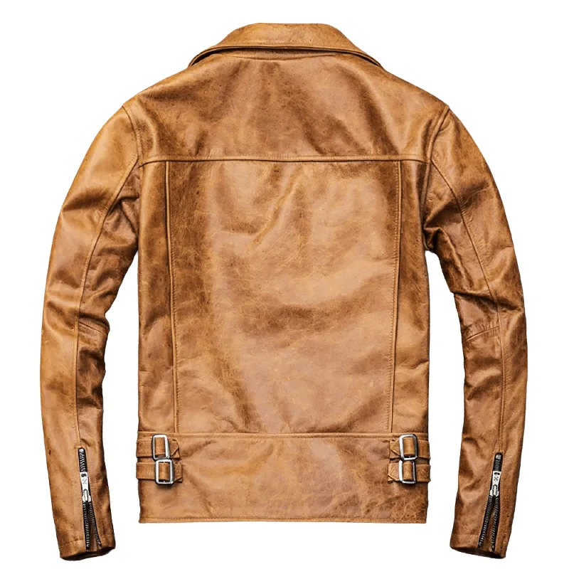 US SALE of Men's Genuine Leather Motorcycle Jacket / Camel Jackets with Thick Turn Collar