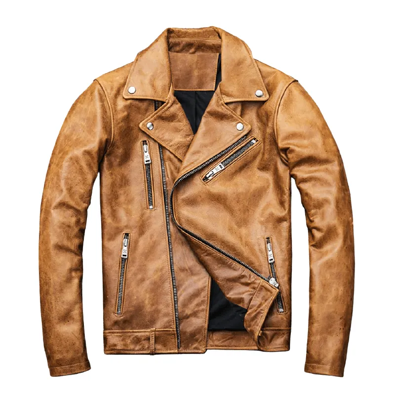 US SALE of Men's Genuine Leather Motorcycle Jacket / Camel Jackets with Thick Turn Collar