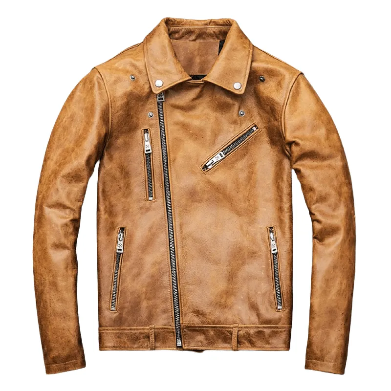 US SALE of Men's Genuine Leather Motorcycle Jacket / Camel Jackets with Thick Turn Collar