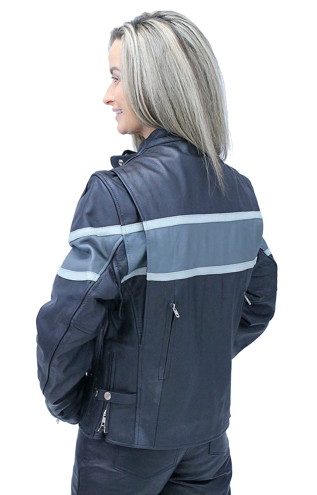 Vented Wide Gray Stripe Women's Motorcycle Jacket #L55718VZGY (S-2X)