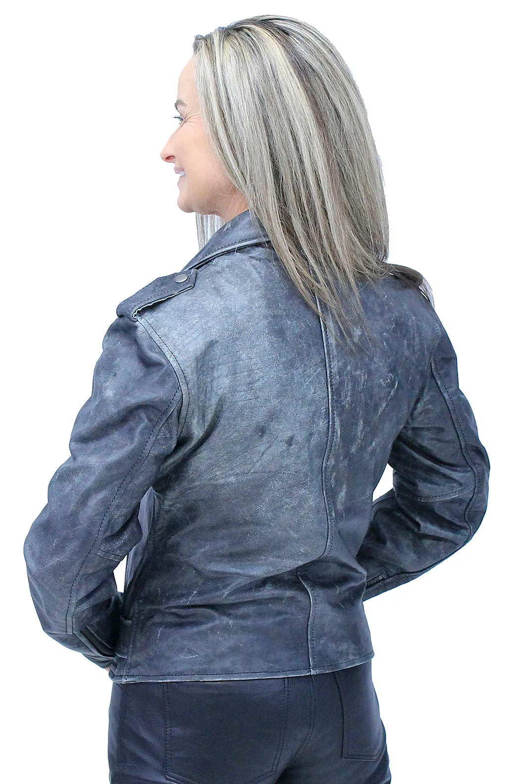 Women's Vintage Gray Leather Motorcycle Jacket #LA68323GY